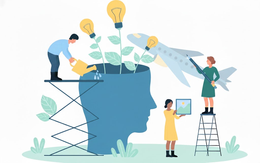 Illustration blending personal growth and aviation themes, featuring a diverse group of women standing confidently, with a large, subtle airplane taking off in the background, symbolizing career acceleration and professional development programs.