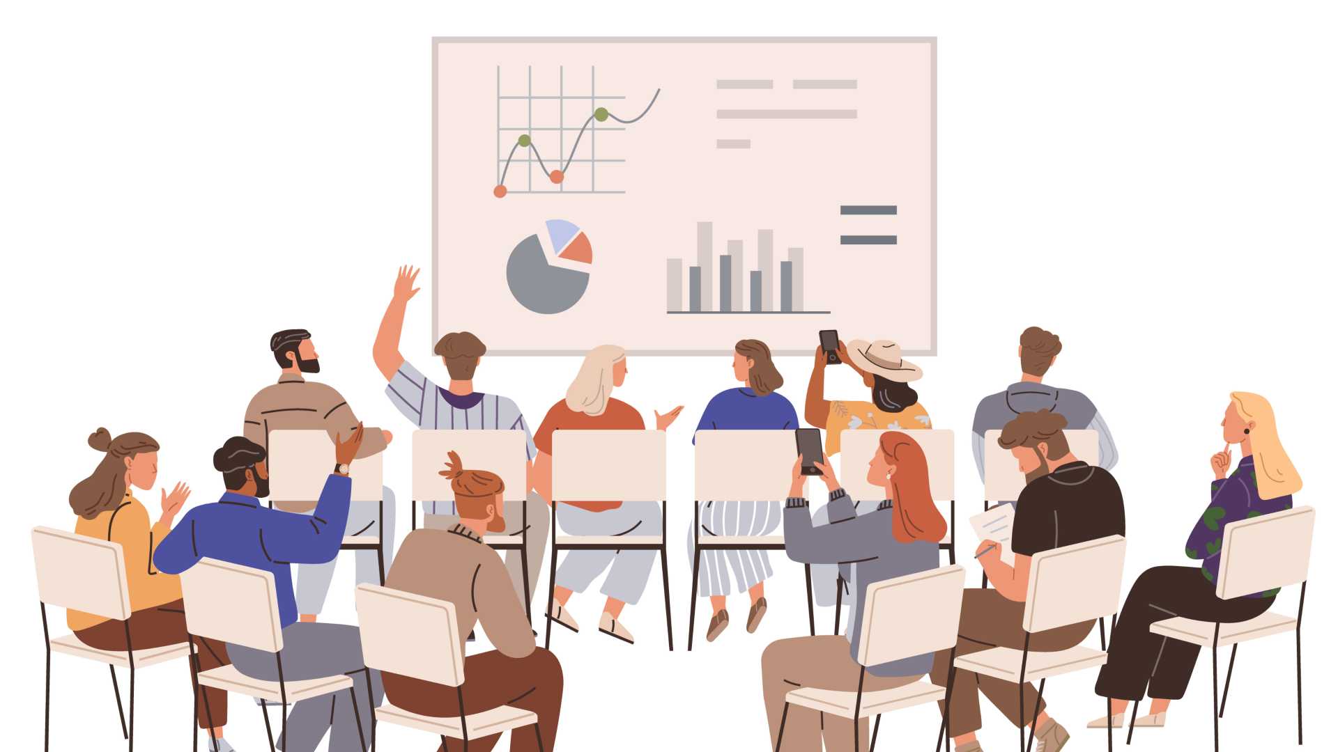 A diverse group of people in a meeting room sitting on chairs engaging in a presentation. Charts and graphs are displayed on a large screen. Ideal for business, education, teamwork, training. 